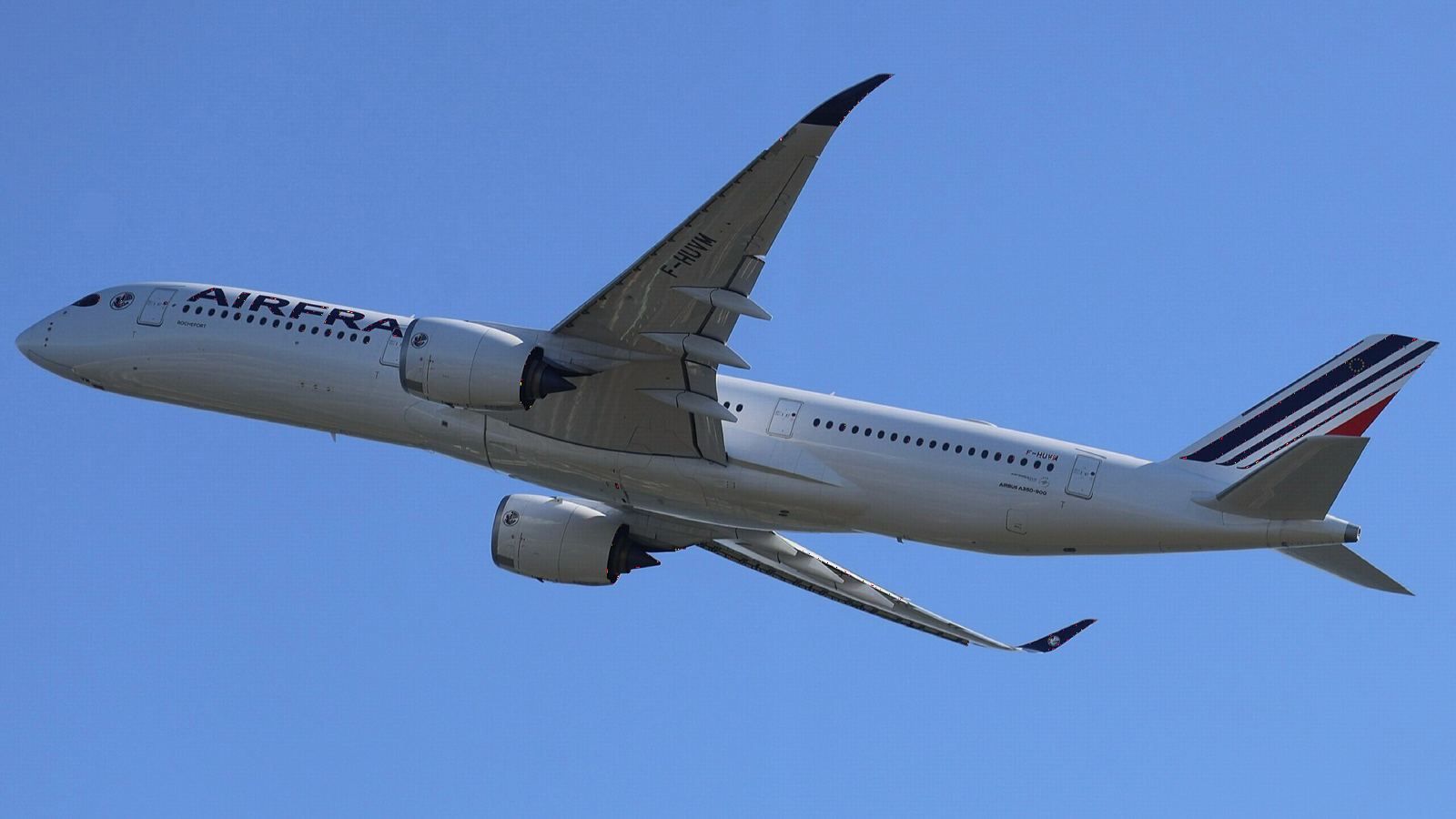 Air France Airbus A350-900 climbing into a clear sky