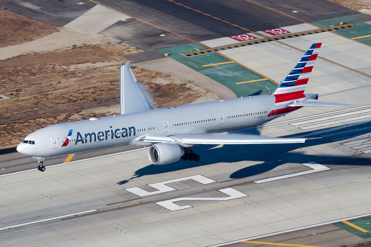 American Airlines Boeing 777-300ER landing at Los Angeles International Airport