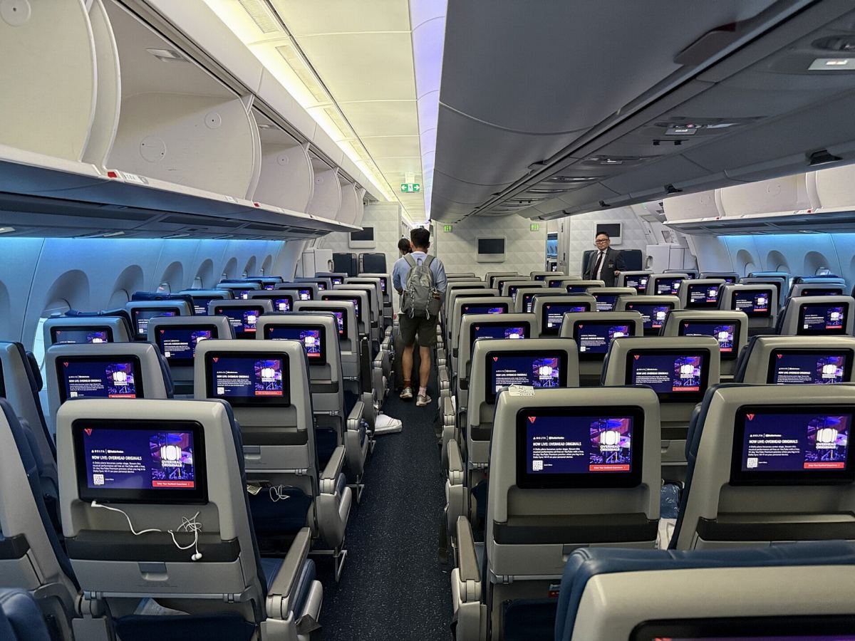 Seat-back screens in the economy cabin of a Delta Airbus A350-900