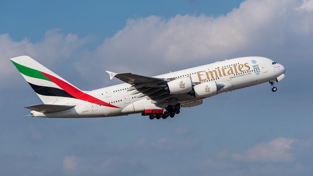Emirates Airbus A380 lifting off, seen from the side