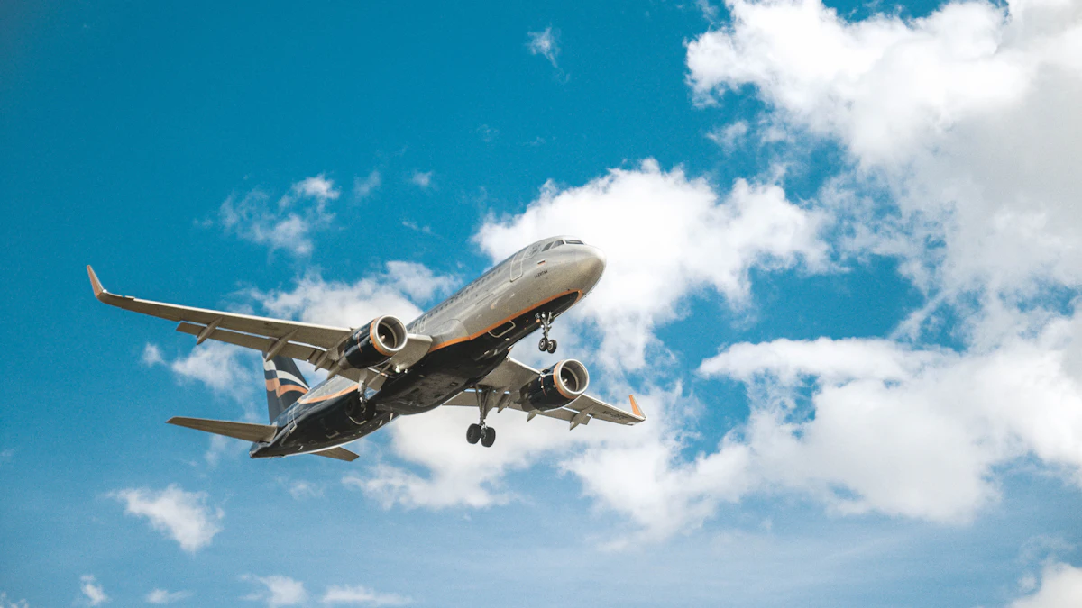 Airplane flying among white clouds