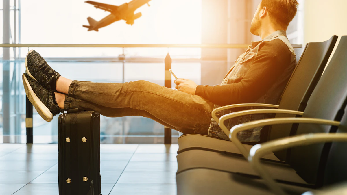 Traveler checking a flight booking on a phone at the airport