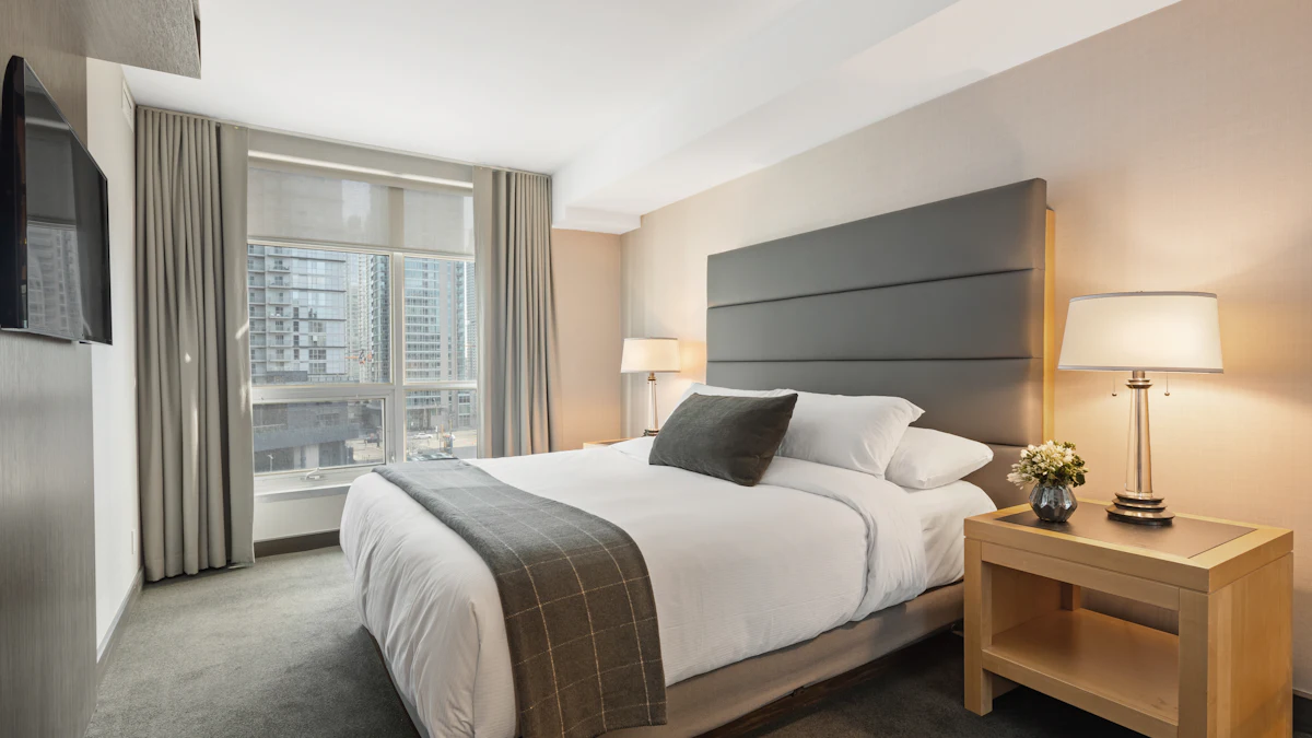 Modern hotel room with a king bed in Dallas