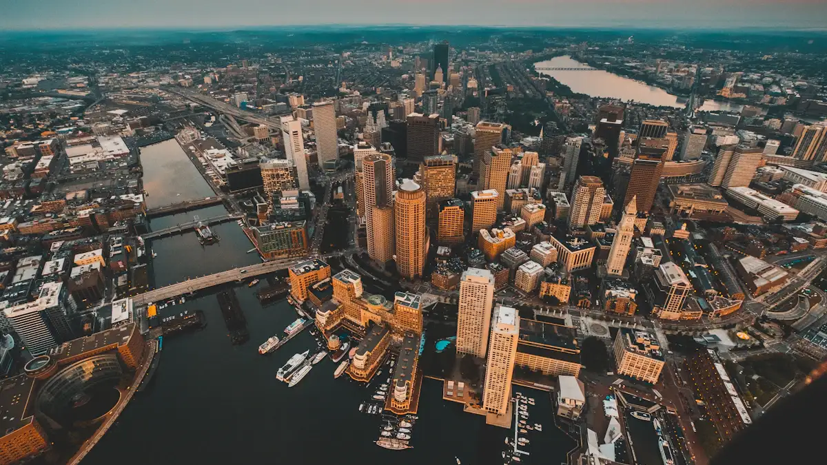Aerial view of downtown Boston and the harbor