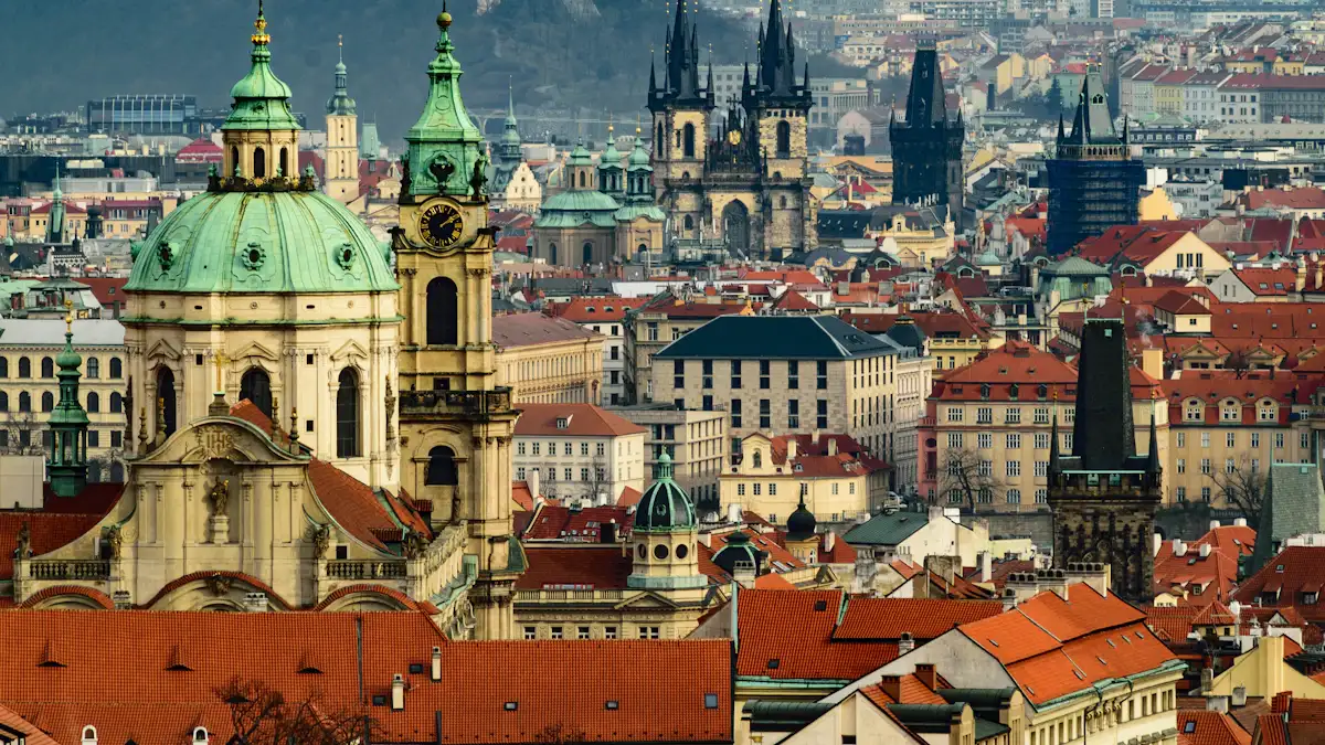 Red rooftops and church towers of Prague old town
